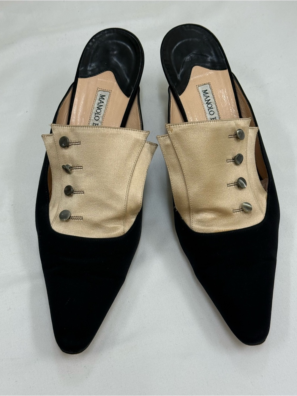 Manolo Blahnik Black and Gold Satin-Trim Pointed Toe Mules
